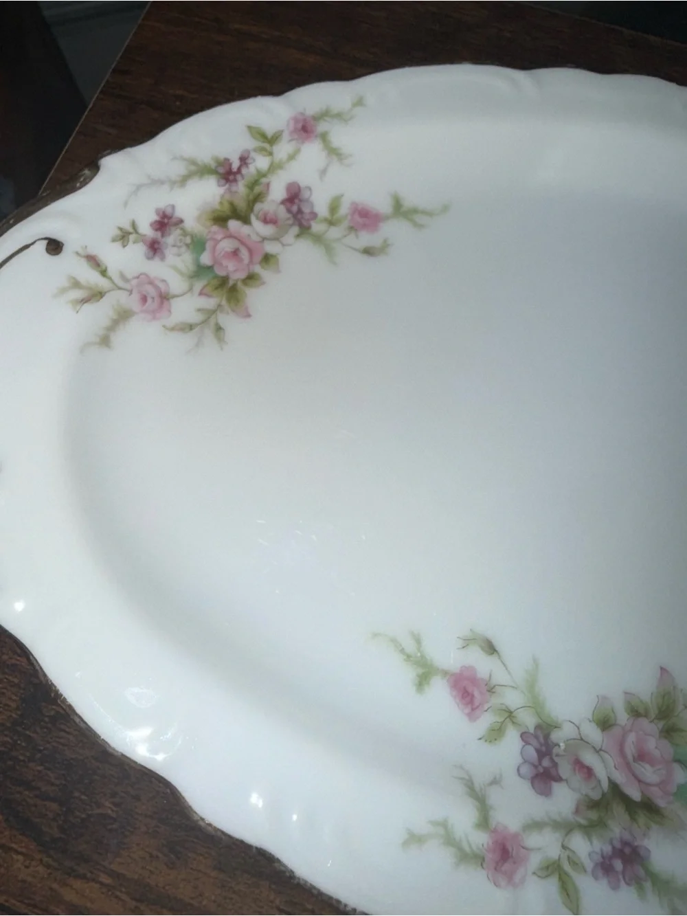 Forget Me Not -Classic Floral Porcelain Serving Platter in White with Pink Roses